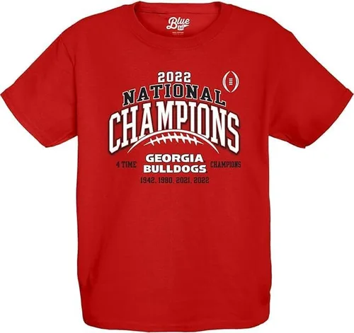 Blue 84 Camiseta unisex para niños con licencia oficial de Georgia Bulldogs National Champs 2022-2023 con cordones rojos