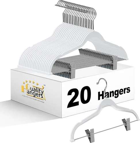 Perchas de plástico de calidad, no aterciopeladas, compactas, delgadas y compactas con clips de metal para faldas, pantalones, blusas, gancho Blanco