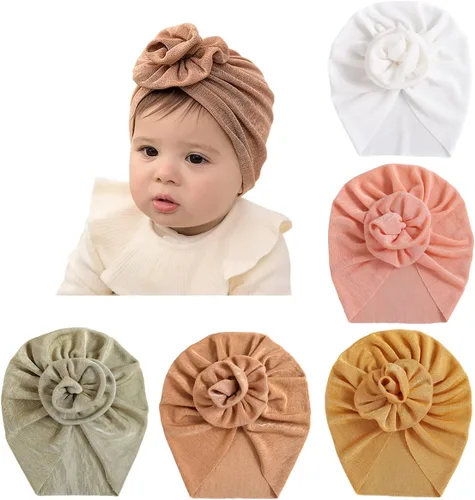 Miniatura 12 de Newborn Babies Headwrap Hat Infant Toddler Cotton Soft Cute Nursery Beanie Headbands Top Bowknot Cap 5 piezas flor/3-3 años