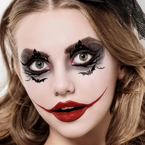 Miniatura 6 de 24 tatuajes temporales de cara de Halloween, diseños de pestañas superiores e inferiores, calcomanías falsas impermeables con motivos espeluznantes