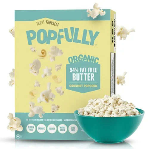 POPFULLY Palomitas 94% libres de grasa totalmente explotadas, bolsas para compartir, sabor a mantequilla ligera, gran explosión, bolsas de