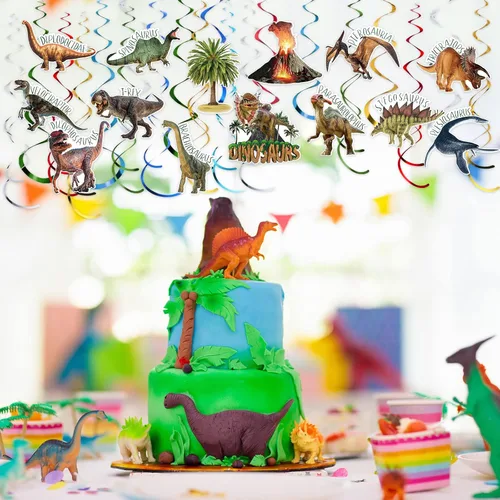 Miniatura 5 de Faccito 57 espirales colgantes de dinosaurio, decoraciones de fiesta de cumpleaños, suministros de fiesta temática de selva, espirales de aluminio