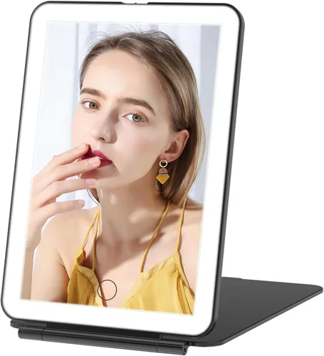 FUNTOUCH Espejo de maquillaje de viaje recargable con 72 luces LED, espejo de belleza iluminado portátil, iluminación de 3 colores, pantalla táctil