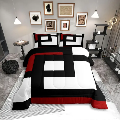 Miniatura 32 de Erosebridal Edredón Cuadrado para Niños y Niñas, Juego de Ropa de Cama Negro y Gris Blanco Azul Marino, Juego de Edredón Geométrico Completo