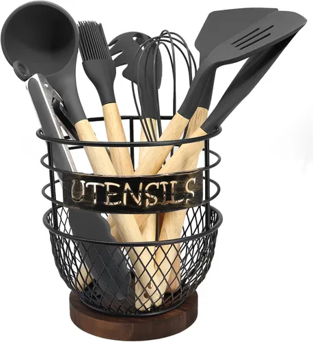 SODSAI Soporte grande para utensilios en elegante negro mate con base de madera rústica para cocinas modernas, organizador espacioso y resistente al