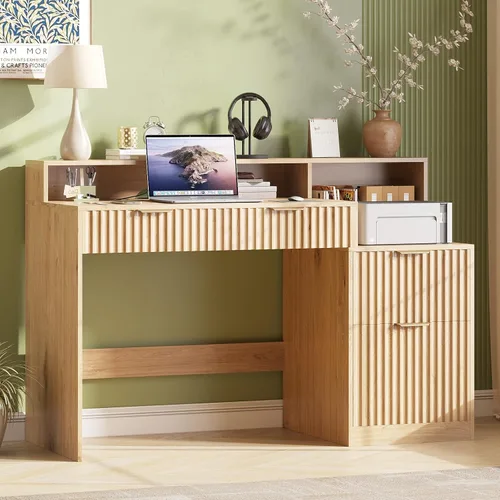 Miniatura 5 de Vabches Fluted Computer Desk with Power Outlets, Home Office Desk with Drawers, Printer Stand, Wood Computer Desk with Long Monitor Stand, Oak