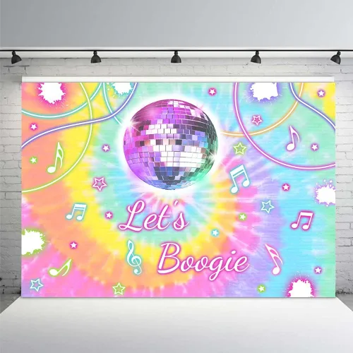 MEHOFOND Telón de fondo de teñido anudado Let's Boogie para decoraciones de fiesta de baile de los años 70, 80 y 90, suministros de cumpleaños de