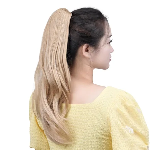 Miniatura 4 de Extensiones de cabello sintético con clip rubio, cola de caballo, 18 pulgadas, lacio, 4.2 onzas, postizos, para mujer, Yaki esponjoso, enredado