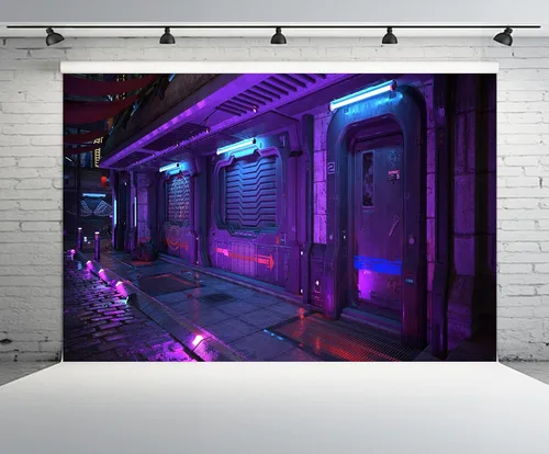 Miniatura 2 de Telón de fondo de ciudad Cyberpunk de 5 x 3 pies, estilo futurista, estilo grunge, urbano, neón, puerta de calle, paisaje urbano, fondo