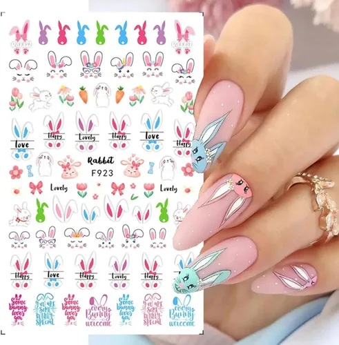 Miniatura 6 de 8 hojas de calcomanías de arte de uñas de conejo de Pascua, 3D, autoadhesivas, accesorios de arte de uñas, caricaturas, conejos, animales