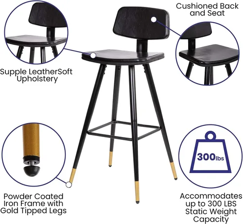 Miniatura 6 de Flash Furniture Kora Taburetes de bar de respaldo bajo de grado comercial, tapicería LeatherSoft negra, marco de hierro negro, reposapiés integrado
