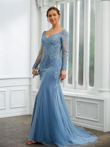 Miniatura 3 de Vestidos de fiesta de sirena para mujer, con apliques de encaje, tul de manga larga, vestido de noche formal
