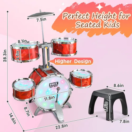 Miniatura 5 de Juego de batería para niños de 1-3, 3-5 años, con taburete, soporte más alto de juguetes musicales para niños pequeños, batería roja para niñas