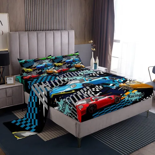 Miniatura 3 de Manfei Coloful - Juego de sábanas de auto de carreras para niños, tamaño individual, juego de ropa de cama para niños y adolescentes, decoración