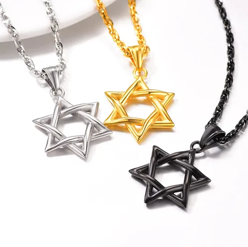 Miniatura 90 de U7 - Collar con Estrella de David para hombres y mujeres, dije hexagonal de acero inoxidable con cruz/piedra de rubí/collares clásicos judíos