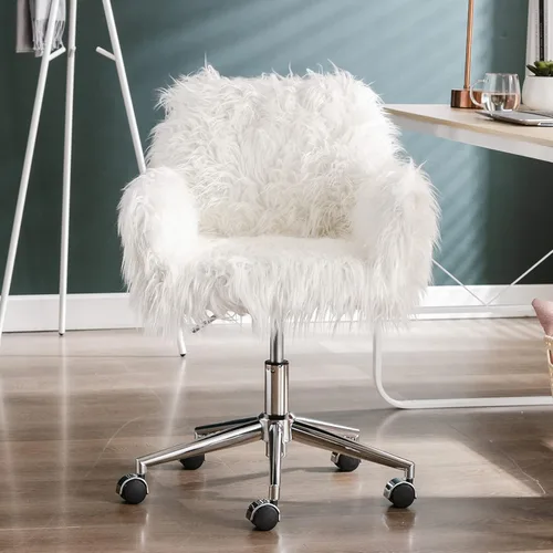 SSLine Silla de tocador de piel sintética, moderna silla de escritorio de maquillaje peludo blanco para niñas y mujeres, elegante y cómoda silla