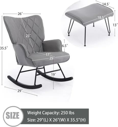 Miniatura 2 de Moderna mecedora tapizada con otomana – Planeador de respaldo alto para guardería, sala de estar o dormitorio – Cómodo sillón con soporte lumbar