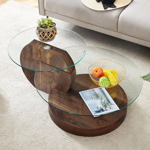 Miniatura 19 de Mesa de centro de vidrio de 35.4 pulgadas, mesa de centro redonda pequeña, mesa de vidrio templado de 2 niveles con base de madera, mesa central