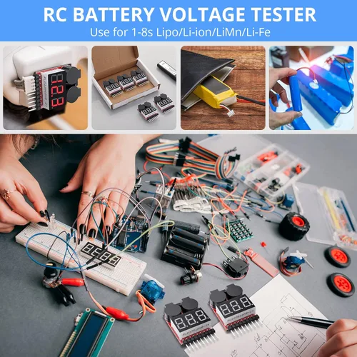 Miniatura 2 de CAMWAY Probador de voltaje de batería Lipo, 5 unidades, 2 en 1, 1-8s, alarma de zumbador de bajo voltaje, probador de monitor de batería para 1-8s