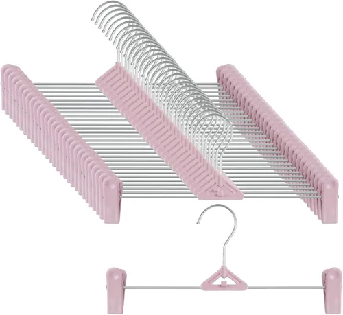 Miniatura 8 de Northern Brothers Paquete de 50 perchas para pantalones, perchas apilables con clips para faldas y pantalones cortos, de plástico que ahorran Rosa