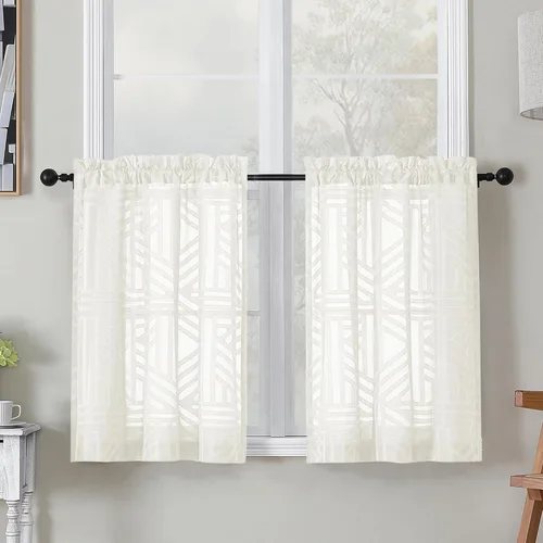 Miniatura 80 de Simplebrand Cortinas traslúcidas negras de cocina de 24 pulgadas de largo, 2 paneles, filtrado de luz, geométrico jacquard con textura, cortinas