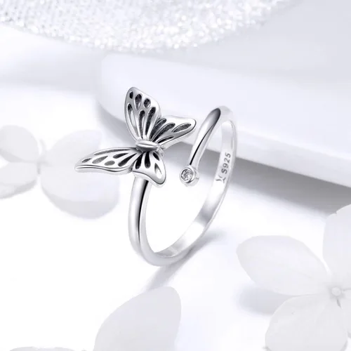 Miniatura 3 de Anillo de plata de ley 925 con diseño de mariposa delicada, expandible, ajustable, para mujeres, adolescentes y niñas, Metal, Sin piedras preciosas