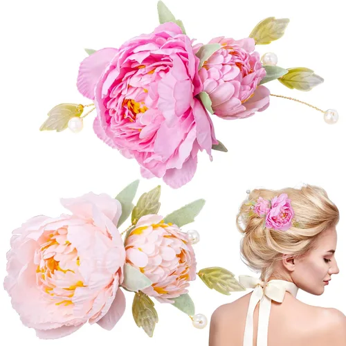 HINZIC 2 pinzas para el pelo de flores de seda para mujeres, broches de flores 2 en 1, pasadores para el cabello con perlas florales para mujeres y