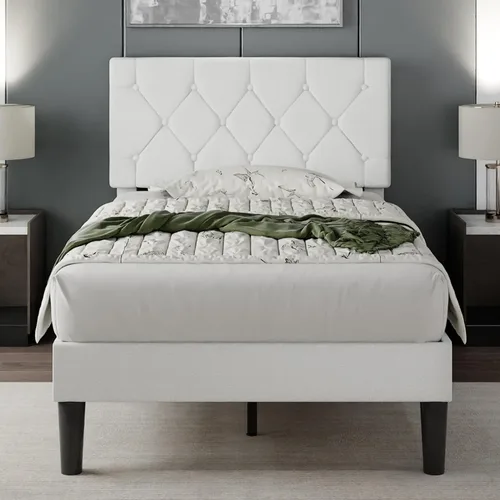 Miniatura 15 de VECELO Base de cama tamaño individual con cabecera capitoné con botones, base de cama tapizada con soporte de listones de madera, no necesita Beige