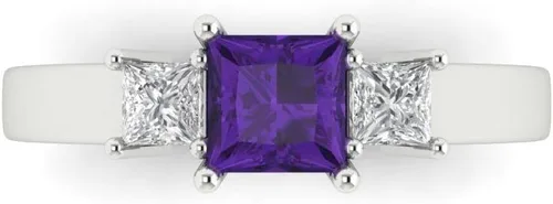 Anillo de tres piedras de amatista natural de corte princesa de 1,11 quilates de oro blanco de 14 quilates