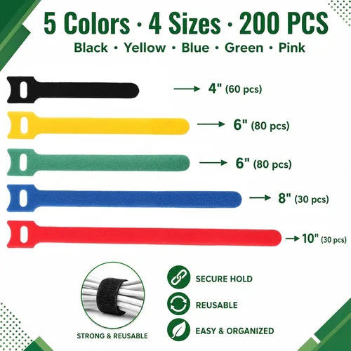 Miniatura 2 de BALABALA 200 piezas de bridas ajustables reutilizables para cables de 10+15+20+25 cm, organizador de cables, envoltura de cable multicolor