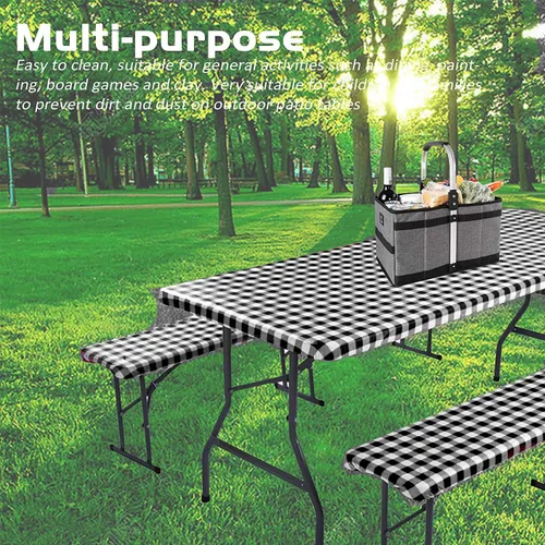 Miniatura 7 de bealy Funda para mesa de picnic con fundas para banco, juego de 3 piezas de mantel de vinilo impermeable a cuadros de 6 pies con borde elástico