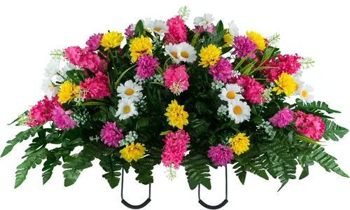 Miniatura 24 de Sympathy Silks Flores artificiales para cementerios – Decoraciones para tumbas - 1 ramo de flores silvestres de violeta púrpura y naranja, 1 montura