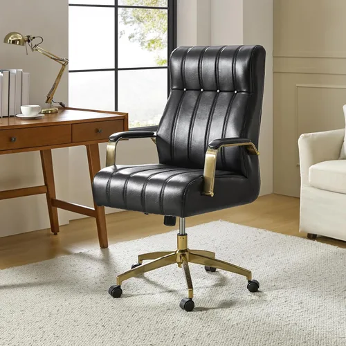 Miniatura 3 de HULALA HOME Silla de oficina ejecutiva moderna, silla de escritorio ergonómica copetuda de piel sintética con base chapada en oro y reposabrazos