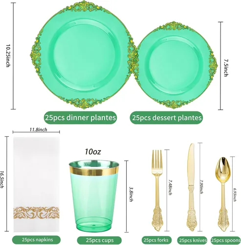 Miniatura 5 de Hioasis 175 platos de plástico verde transparente, elegante juego de vajilla desechable adecuado para 25 invitados, incluye platos de cena de 10.25