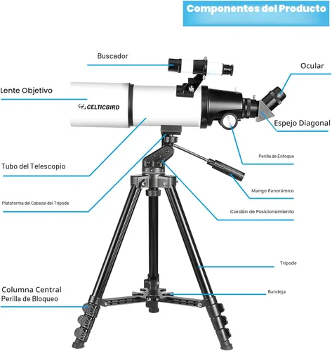 Miniatura 7 de Telescopio Celticbird para adultos de alta potencia, apertura de 80 mm, montura AZ de 600 mm, telescopio refractor para niños principiantes