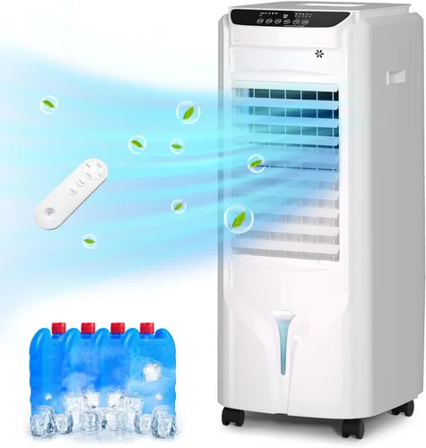 Uthfy Enfriador de aire evaporativo de 32 pulgadas con 4 paquetes de hielo, 4 modos y 3 velocidades, enfriador de pantano con tanque de agua de 4.2