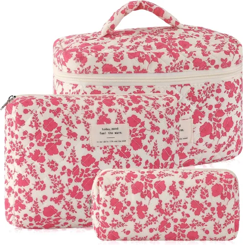 Miniatura 10 de URSKYTOUS Juego de 3 Bolsas de Maquillaje Acolchadas, Set de Bolsas de Cosméticos con Lazo para Viaje, Bolsa Grande de Maquillaje para Mujeres