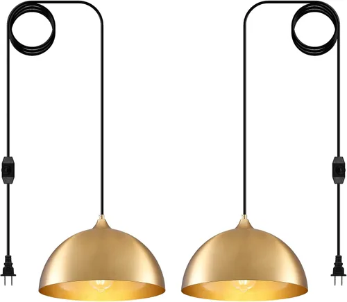 Miniatura 20 de Iluminación colgante de granja para isla de cocina, lámparas colgantes de cúpula negra y dorada, lámpara de techo colgante industrial para comedor