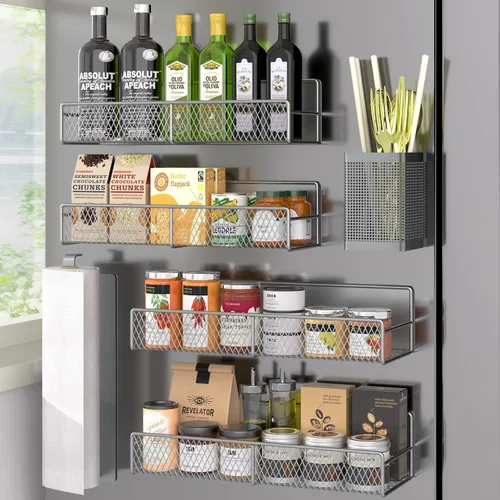 Miniatura 33 de Estante magnético para especias para refrigerador, paquete de 7 estantes magnéticos fuertes 100% de metal, organizador de especias con soporte