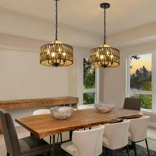 Miniatura 2 de Lámpara antigua para comedor, lámpara colgante de ratán de 4 luces con pantalla de tambor, luz colgante de techo de mimbre tejida ajustable, lámpara