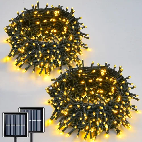 Miniatura 16 de QITONG Paquete de 2 luces solares azules y blancas de Navidad, cada cadena de 200 luces LED solares de 66 pies para exteriores, impermeable, 8 modos