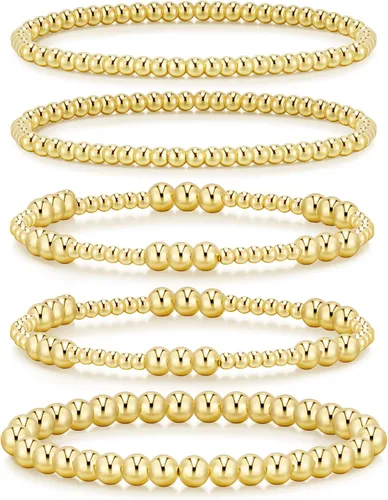 Miniatura 14 de adoyi - Pulseras de oro para mujer, impermeables, con cuentas de bolas chapadas en oro de 14K, pulseras ajustables apilables para regalos