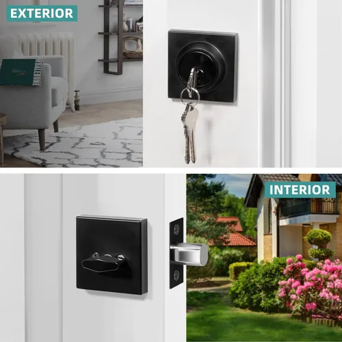 Miniatura 5 de Cerradura cuadrada de un solo cilindro moderno con llaves, cerrojo negro mate para entrada de puerta delantera, cerradura de seguridad de puerta