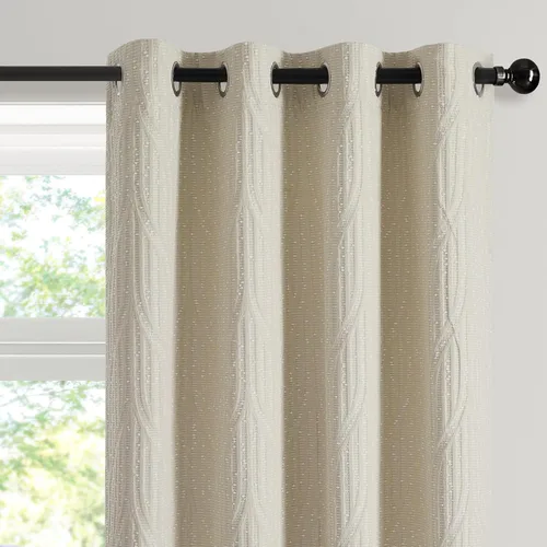 Miniatura 18 de Cortinas de patrón geométrico jacquard 100% opacas color crema y plateado, 2 paneles de 52 pulgadas de ancho y 120 pulgadas de largo, con Beige