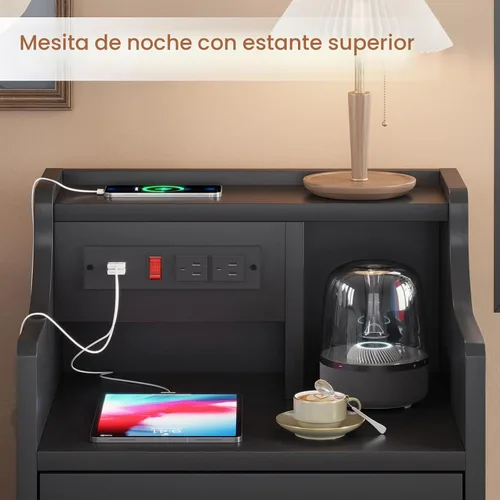 Miniatura 3 de ADORNEVE - Mesita de noche con estación de carga, mesita negra para dormitorio, mesa auxiliar con aparador y cajones de almacenamiento