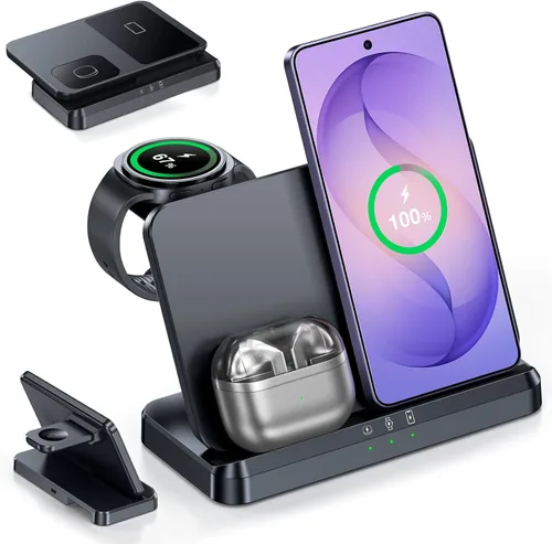 EGV Cargador inalámbrico para Samsung - Estación de carga inalámbrica 3 en 1 para Galaxy S25 Ultra S24 S23, Z Fold Flip 7/6, cargador de reloj