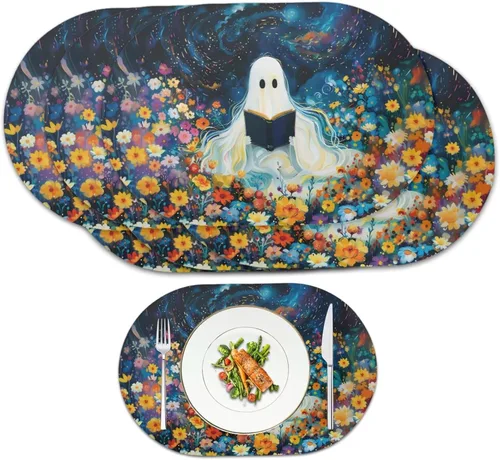 Miniatura 12 de Pumpkin Placemats Set of 4 Ghost Non Slip Washable Heat Resistant Place Mats 12x18 Inch Round Tablemats for Dining Kitchen Party Daily Table Decor