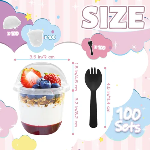 Miniatura 2 de Panxxsen Paquete de 100 vasos de plástico transparente de 12 onzas con tapas de cúpula, tazas de yogur Parfait con cucharas, taza de plástico sin