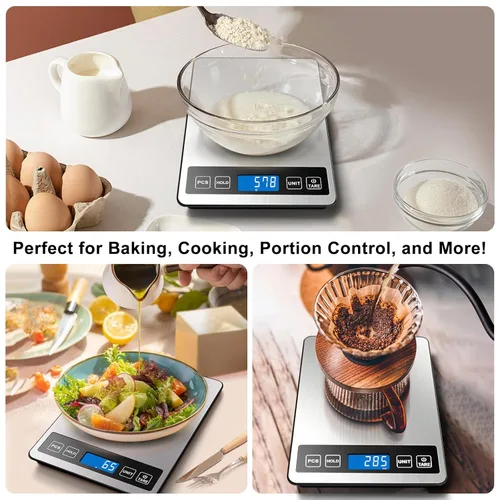 Miniatura 7 de Fuzion Báscula de alimentos, báscula digital de cocina de 1 g/0.1 oz, 22 libras, 7 unidades, tara y PC, potencia recargable, vidrio templado y acero