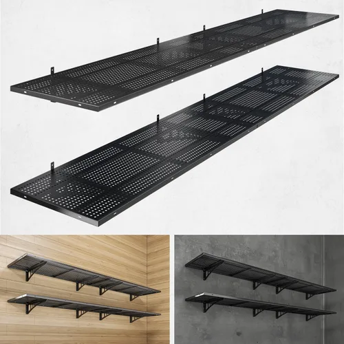 Miniatura 11 de Paquete de 2 estantes de pared de garaje resistentes de 2 x 3 pies, capacidad de carga de 500 libras, estantería de garaje montada en la pared, Negro